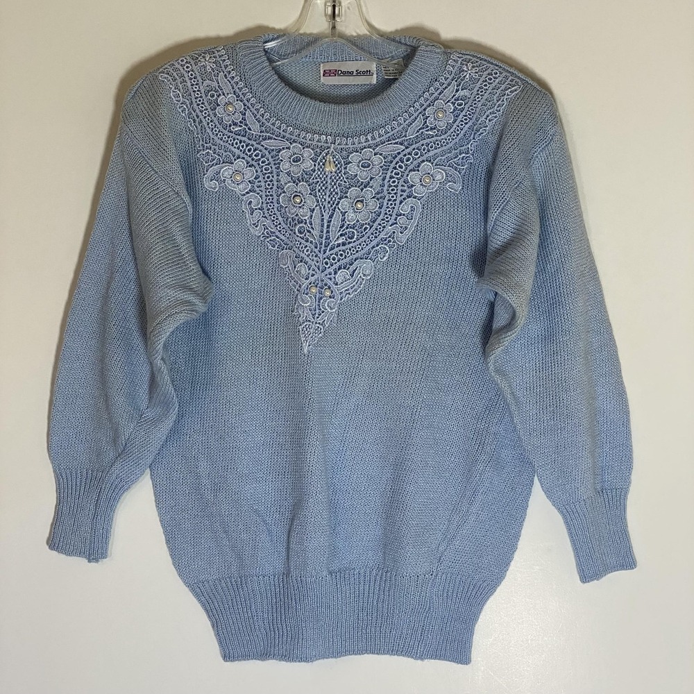 Vintage Dana Scott Sweater Womens Medium Blue Floral Embroidered Beaded Lace 90s